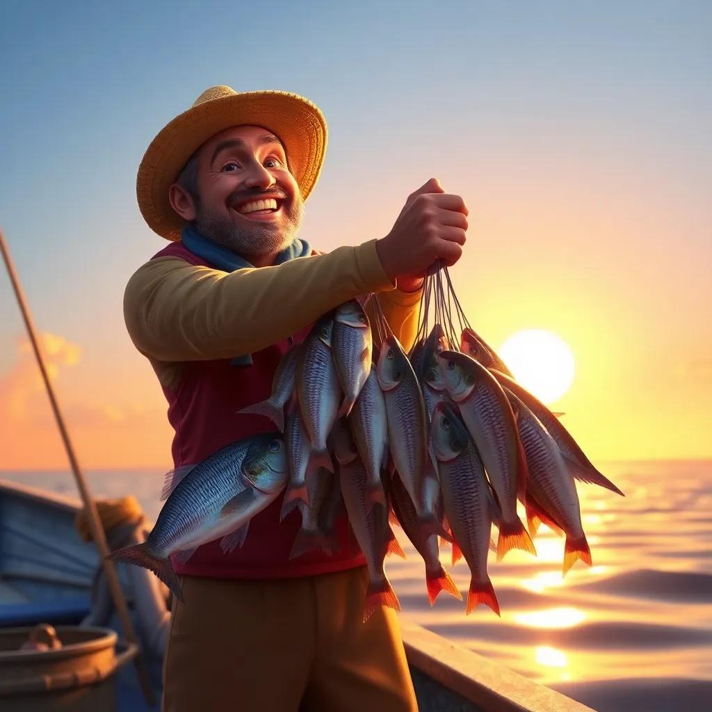 The fisherman catching many fish, smiling broadly as the sun sets in the background, warm golden light, joyful scene, detailed digital art