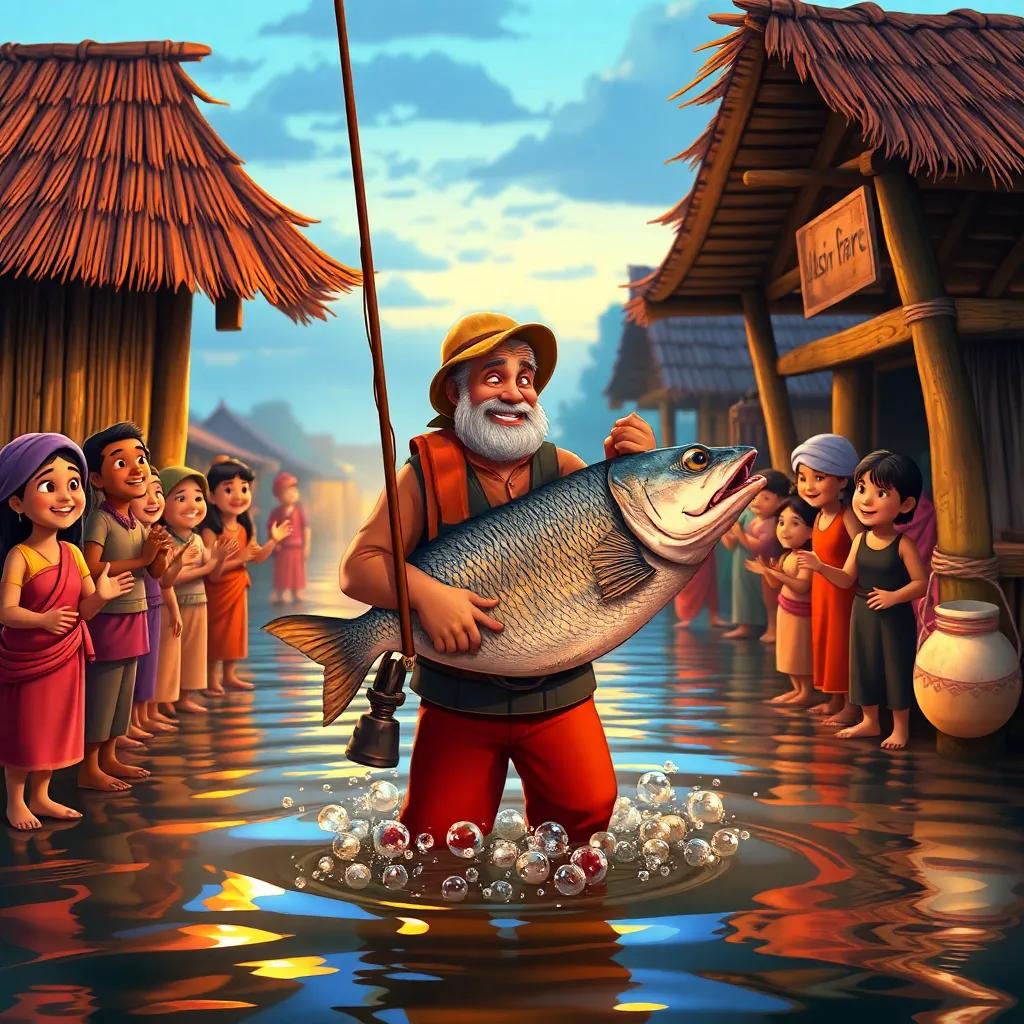 The fisherman returning home with a large catch, villagers welcoming him with smiles and cheers, evening light, vibrant colors, heartwarming imagery