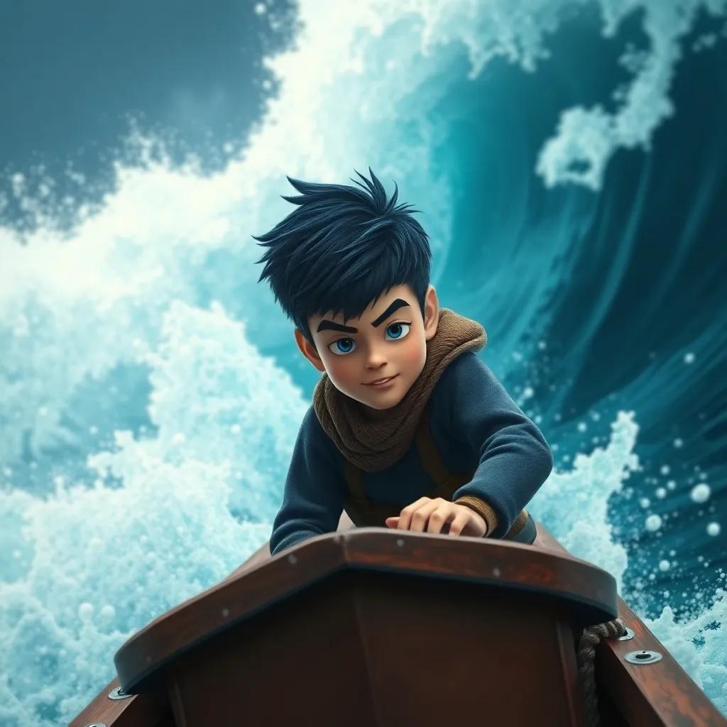 A brave young fisherman, Sami, with short black hair and a determined expression, navigating a small boat through rough seas, digital art, high waves crashing around, dark blue water, vibrant colors, dynamic perspective, sharp focus, adventure theme, model version