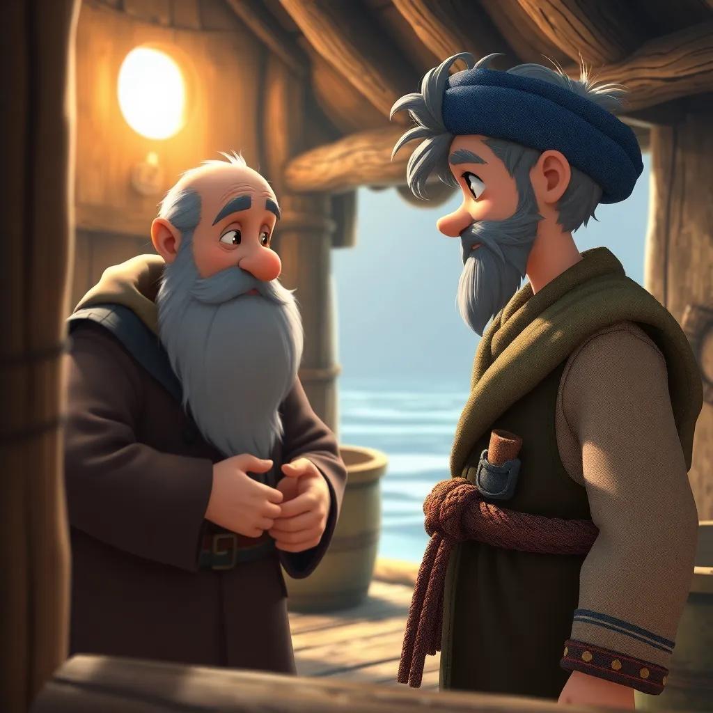 Sami, the brave young fisherman, meeting the wise old fisherman of the village, with a long gray beard and wearing traditional clothes, in a rustic fishing hut, warm light, wooden textures, storytelling atmosphere, inviting scene, high quality