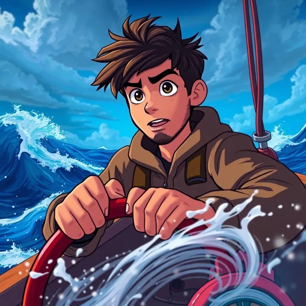 Sami, the brave young fisherman, gripping the steering wheel of his boat, facing fierce waves and strong winds, determination on his face, dramatic sky, deep sea around, illustration, vibrant colors, high energy, cinematic angle