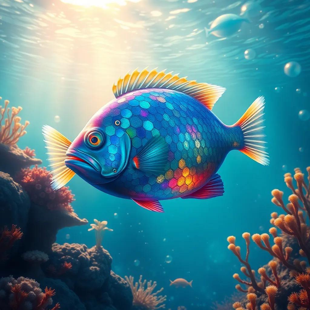 The rare fish shimmering in the ocean's depths, with scales reflecting multiple colors, surrounded by underwater plants and coral, captivating view, magical atmosphere, underwater scene, digital painting, realistic details