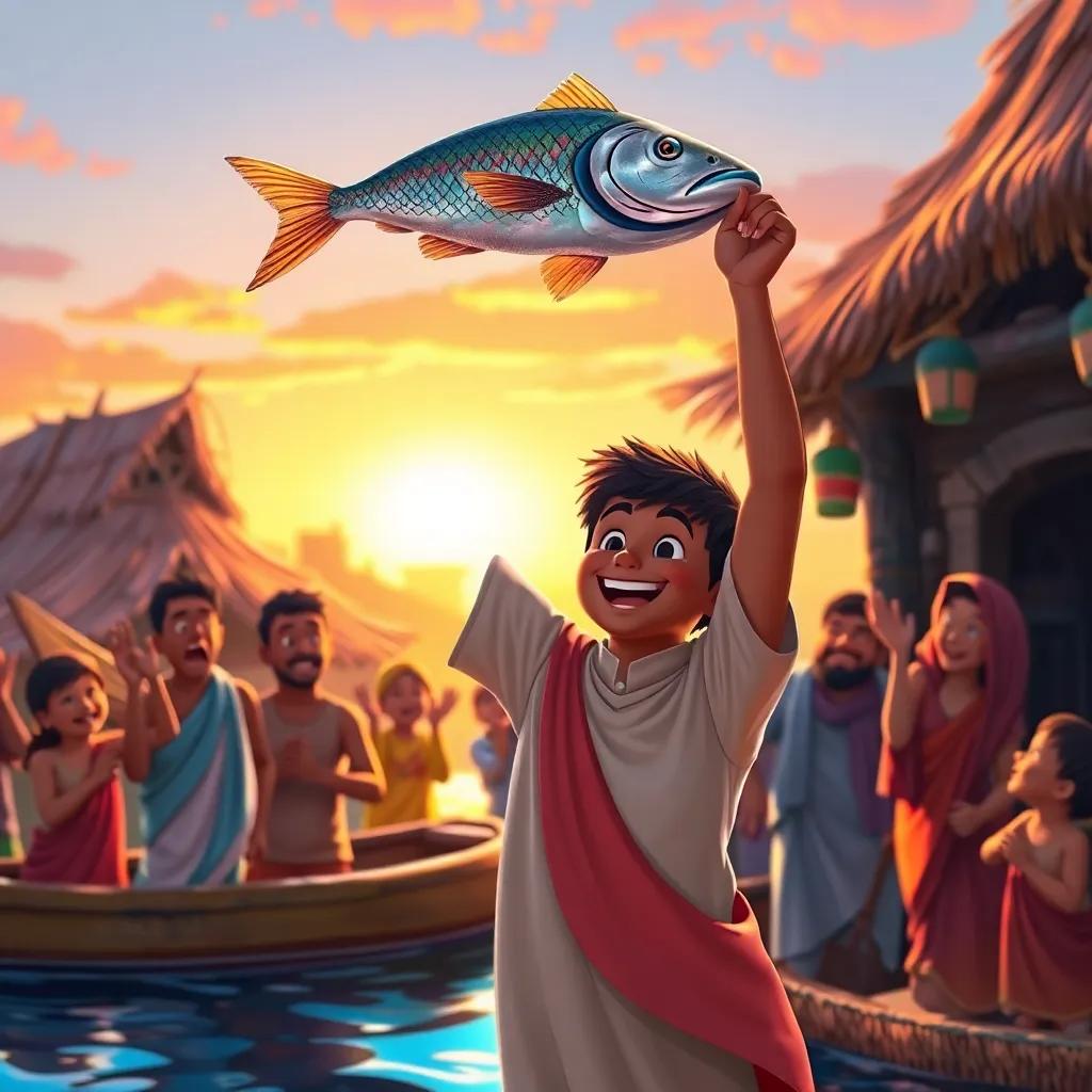 Sami, the brave young fisherman, triumphantly hoisting the rare fish above his head, with fellow villagers cheering him on in the background, colorful celebration, warm sunset lighting, village scene filled with joy and excitement, high quality