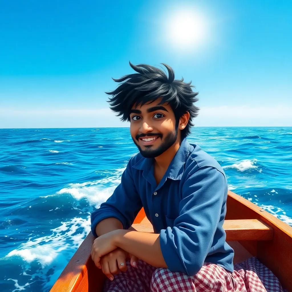 A brave fisherman named Ali, with dark hair and a blue shirt, in a small boat on a vast sea with waves, bright sunshine and clear blue sky, digital art, cheerful, colorful, high quality.