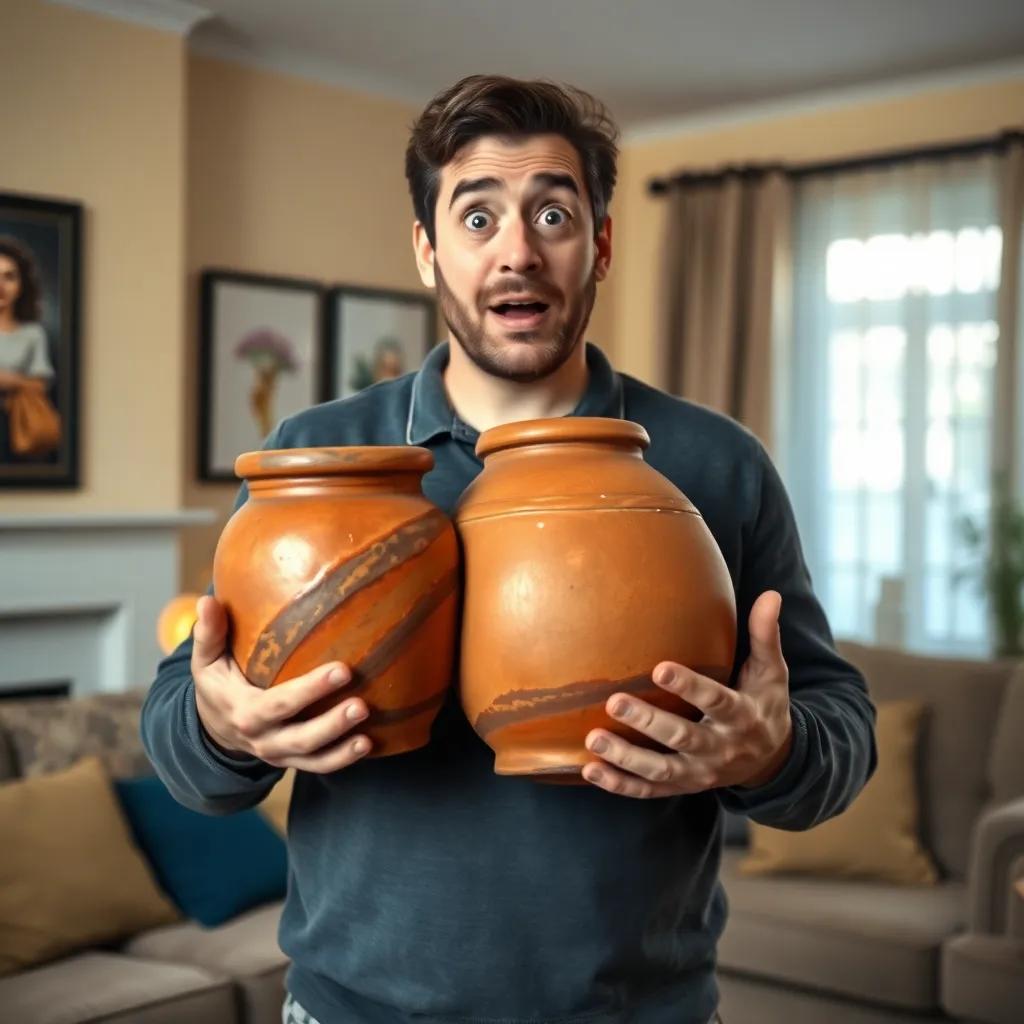 A husband holding a large clay jar dressed like a woman, standing in their living room, surprised expression on his face, with soft light and warm colors, detailed digital art, humorous scene, high quality