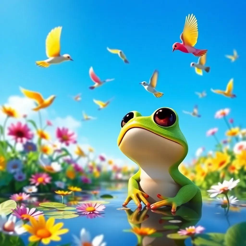 A small green frog, with big eyes, looking up at colorful birds flying in a bright blue sky above a beautiful pond surrounded by flowers, digital art, cheerful colors, sunny atmosphere, high quality
