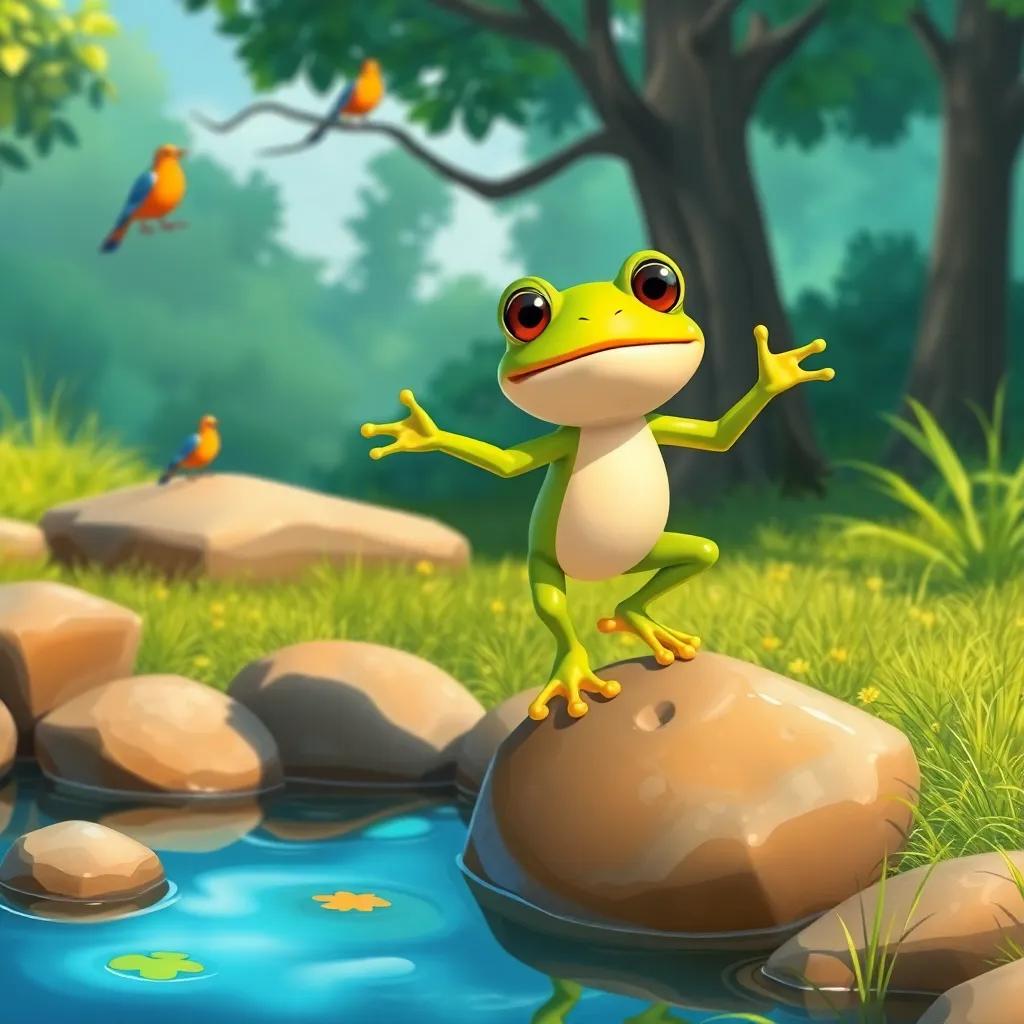 A determined little frog practicing jumping on rocks near the pond, with a playful look on its face, birds watching from the trees, illustration, vibrant colors, encouraging vibe, child-friendly
