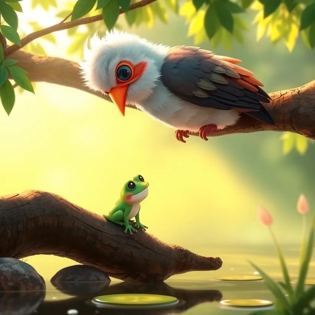 A wise bird with fluffy feathers, perched on a tree branch above the pond, observing the little frog with a kind expression, warm sunlight shining down, digital art, soft colors, inviting scene, storytelling view