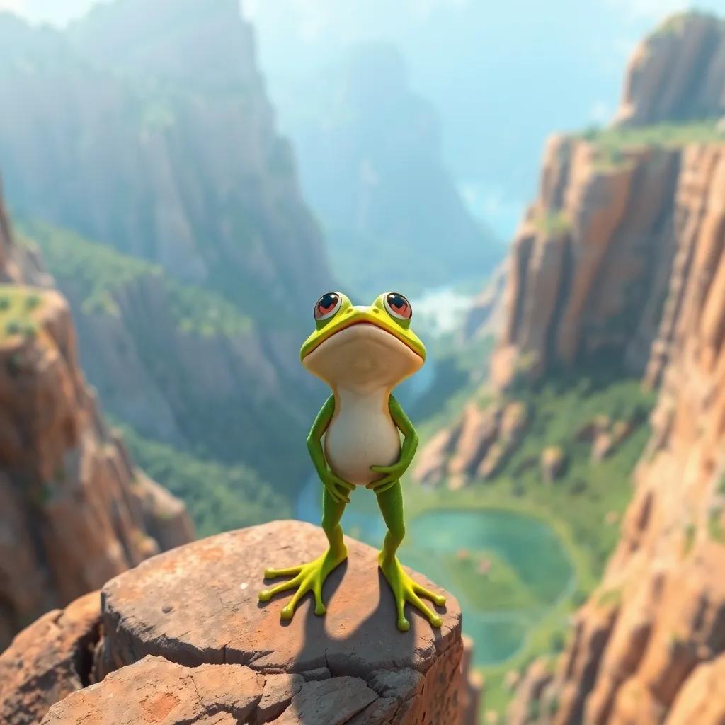 A frog standing at the edge of a tall cliff, looking excited and nervous, with a lovely pond and friends around, bright colors, dramatic perspective, anticipation, adventure-themed