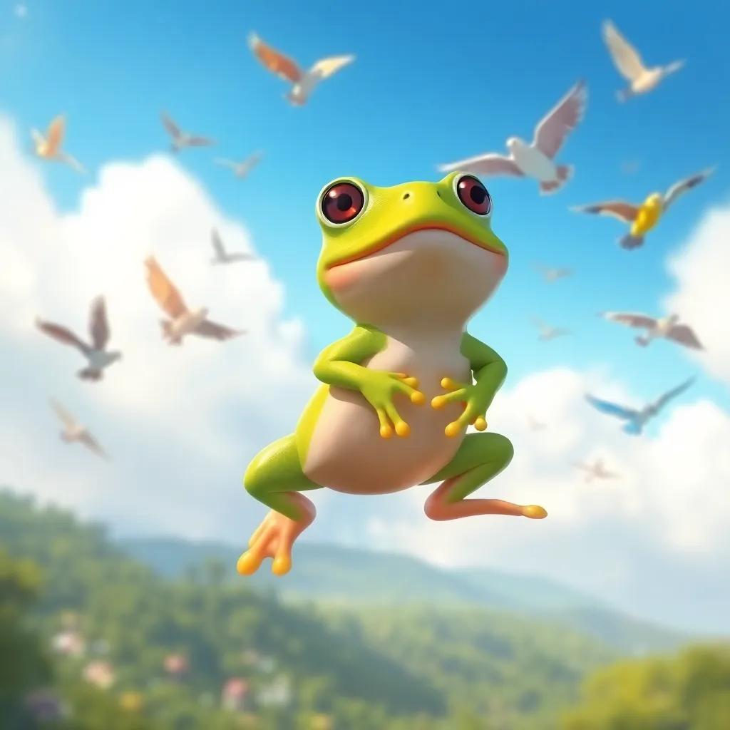 A small green frog soaring through the air, enjoying a gentle breeze, with multi-colored birds flying alongside it in a bright sky, digital painting, joyful, colorful, uplifting scene, high quality
