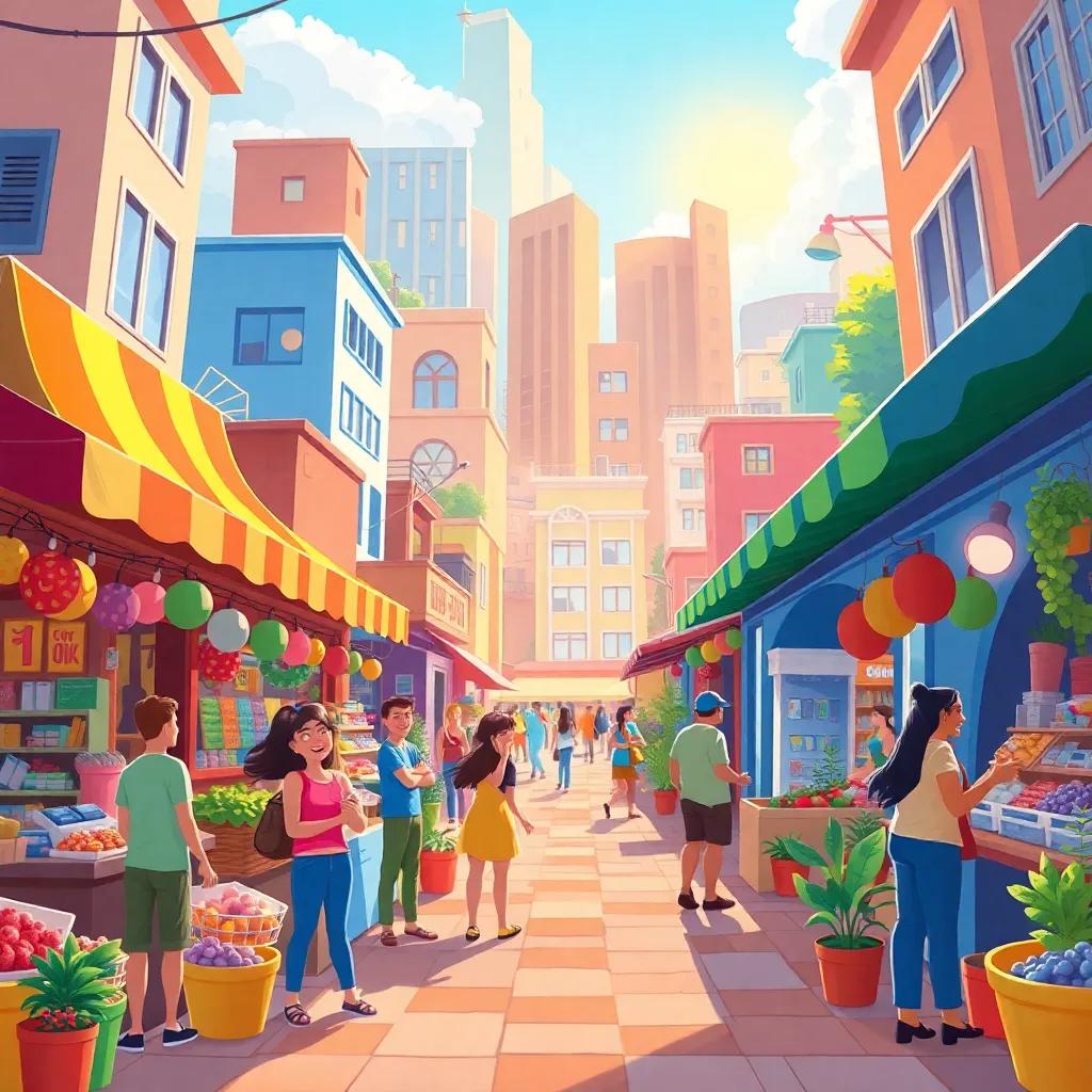 A bustling, colorful market scene in a vibrant city with various shops, people chatting happily, and the sun shining bright; illustration, cheerful, lively atmosphere, child-friendly