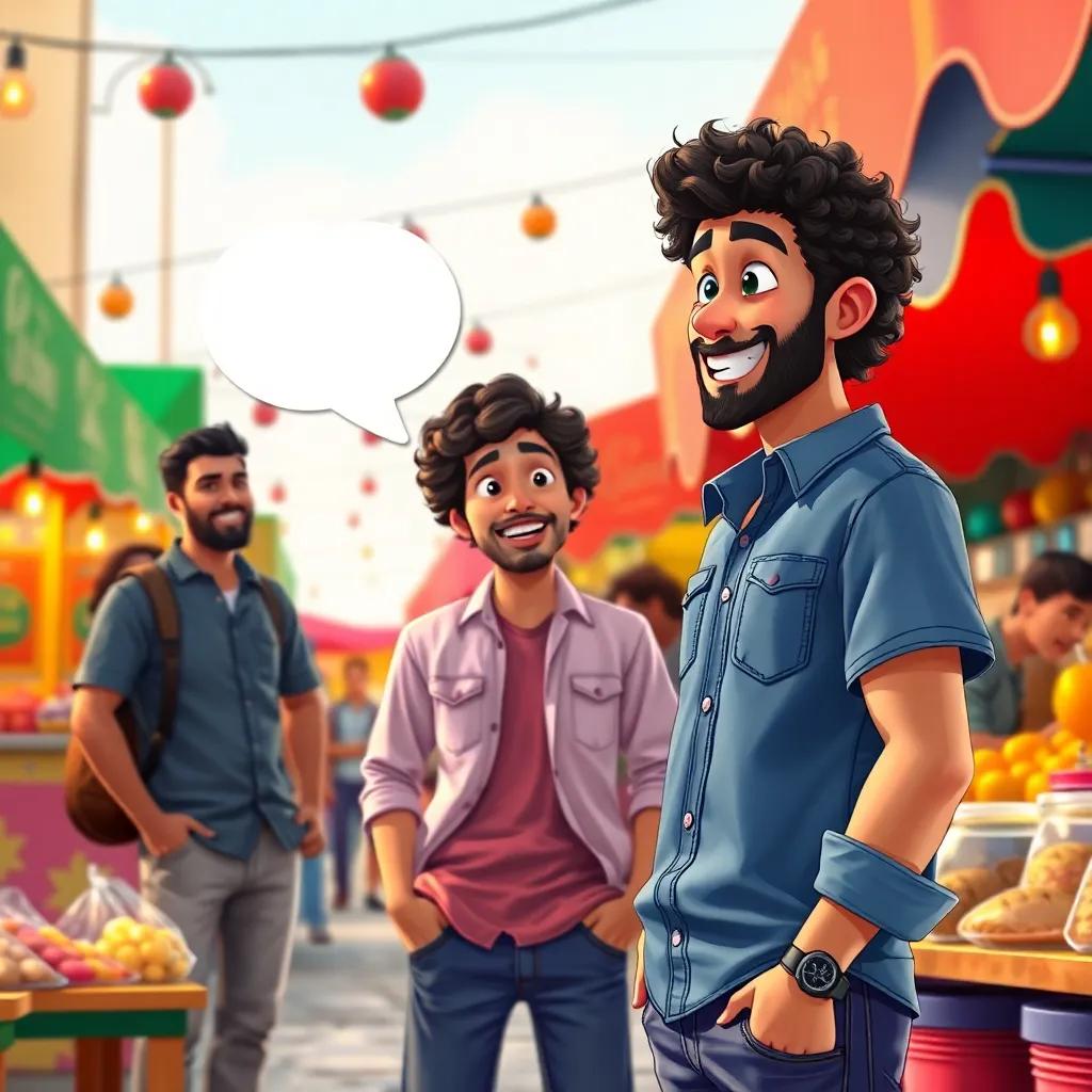A young Arab man, Samir, with curly hair, wearing a casual shirt and jeans, talking to his friends with excitement about his new shop, surrounded by colorful market stalls, joyful and engaging, vibrant colors, heartwarming scene