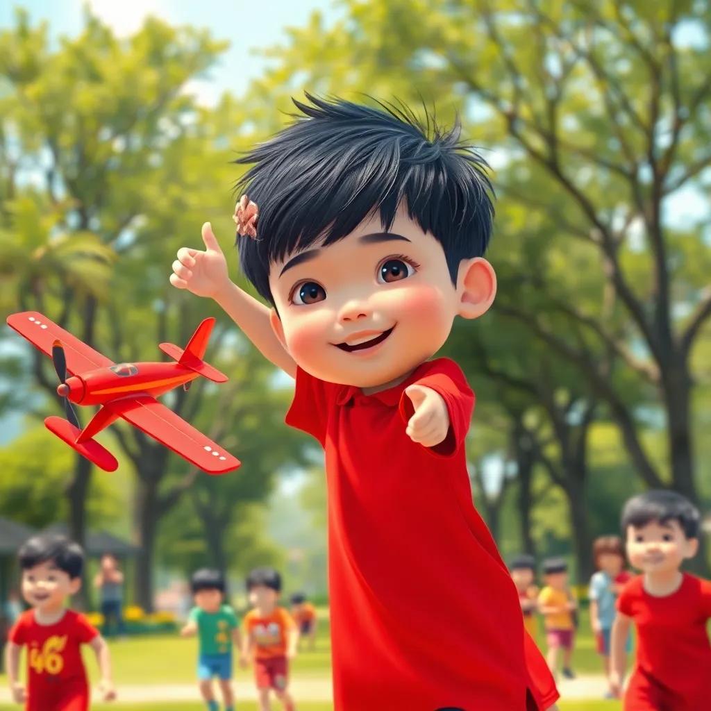 A boy named Najeeb, a young Chinese boy, with short black hair, wearing a bright red shirt and shorts, excitedly flying a vibrant red model airplane in a sunny park filled with trees and laughing children, digital art, cheerful atmosphere, bright colors, high quality
