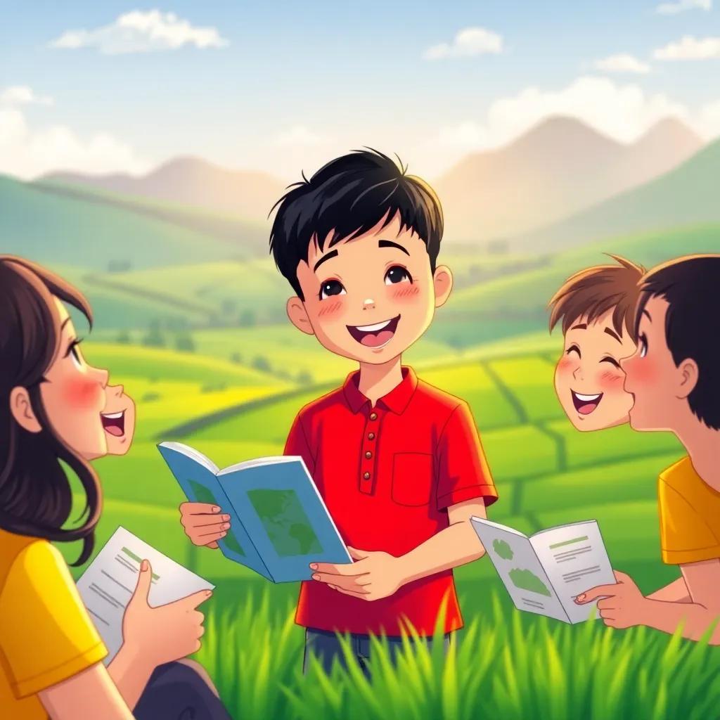 Najeeb, a young Chinese boy with short black hair in a bright red shirt, sharing stories of his travels with friends, background of green fields and mountains, joyful expressions, illustration, engaging scene, warm light, child-friendly