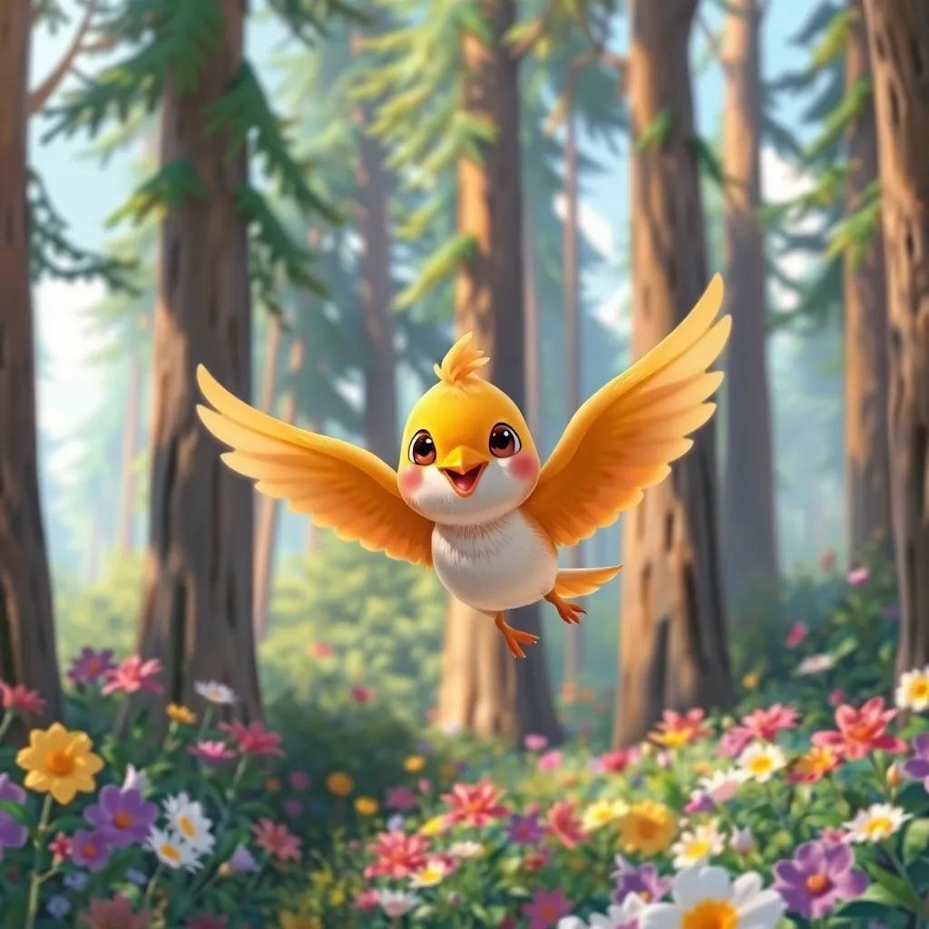 A small, cheerful bird named Tutu, soaring through a vivid forest filled with tall trees and colorful flowers, vibrant colors, lively atmosphere, digital art