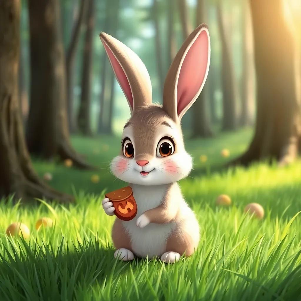 A cute little rabbit looking hungry, with big eyes and fluffy fur, sitting on the bright green grass in the forest, soft sunlight illuminating the scene, friendly vibe, illustration