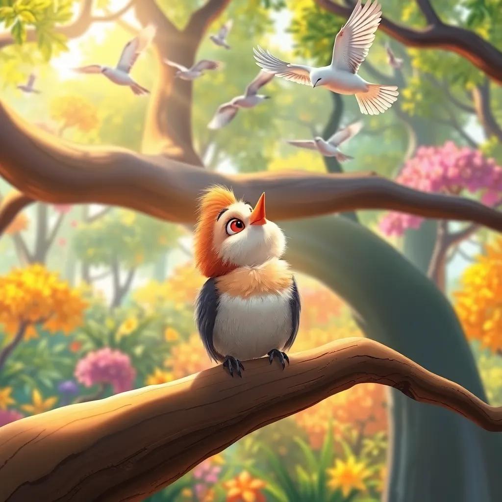 A small bird, Toto, with fluffy feathers, sitting on a large tree branch in a colorful forest, looking up at the big birds flying, bright sunlight, cheerful atmosphere, illustration, vibrant colors, friendly and engaging view, high quality