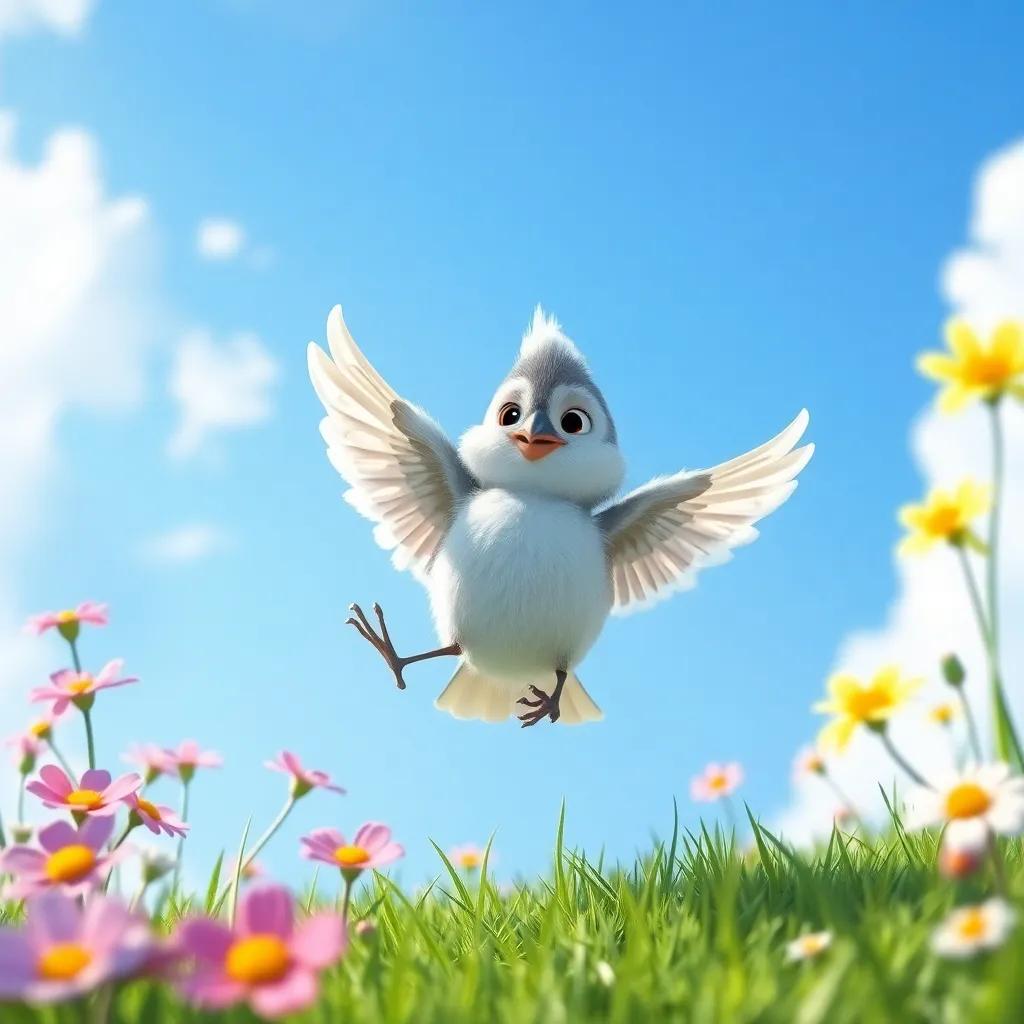 Toto, the small bird with fluffy feathers, flapping his tiny wings in the bright sky near the ground, surrounded by flowers and green grass, determined expression, joyful colors, uplifting scene, fantasy, high quality