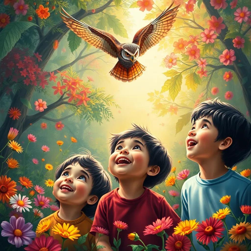 A group of excited children, Zaid and Ali, looking up at a colorful owl flying above them in a vibrant forest filled with colorful flowers, cheerful, warm light, high quality