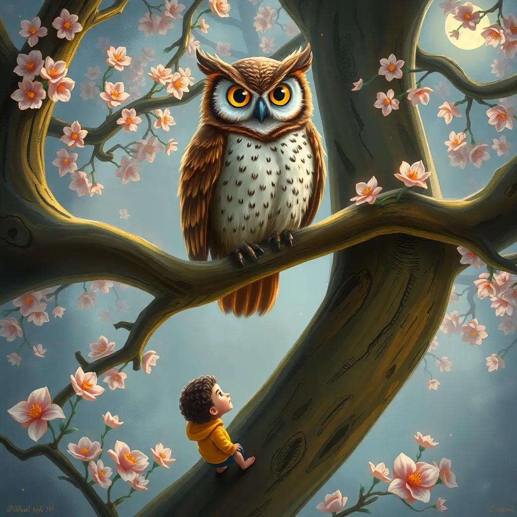 A wise owl perched on a large tree branch, looking down at Zaid and his friends with sparkling eyes in a magical setting filled with blooming flowers, inviting atmosphere, child-friendly