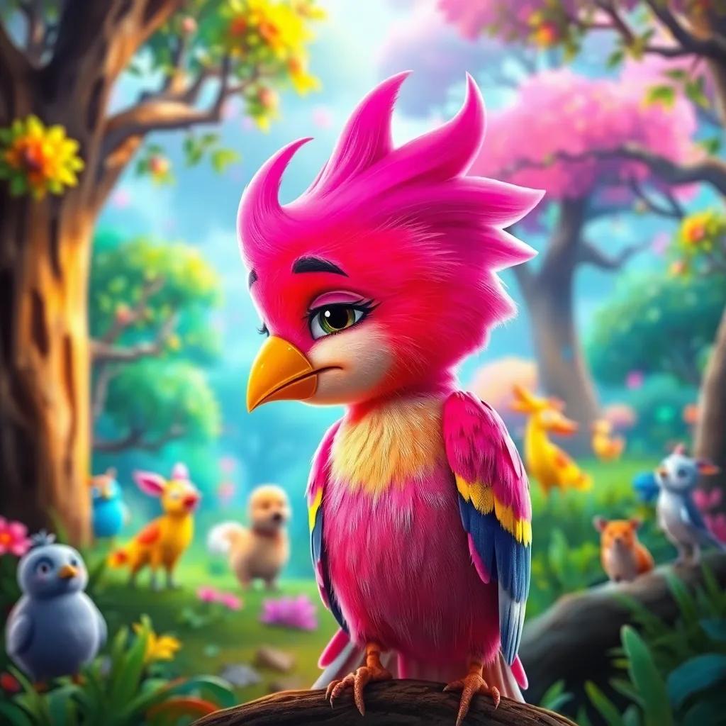 A small bird named Qamar with bright pink and colorful feathers, looking sadly at his injured wing in a magical forest with vibrant trees, cheerful animals surrounding him, digital art, vibrant colors, enchanting atmosphere, high quality
