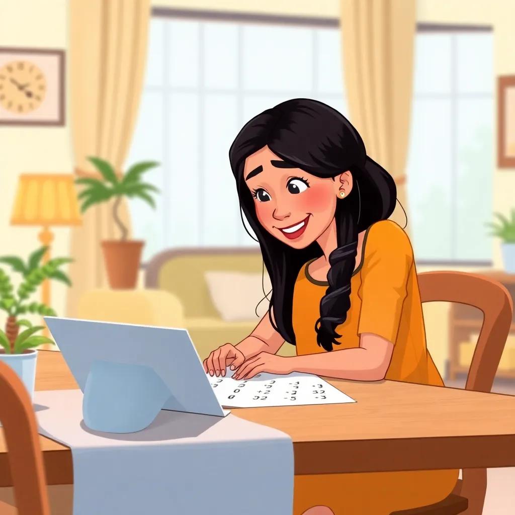 Leila, a diligent student with dark hair wearing a bright dress, sitting with her mother at a cozy living room table, looking at a math problem with a hopeful smile, illustration, warm colors, happy and supportive atmosphere, child-friendly