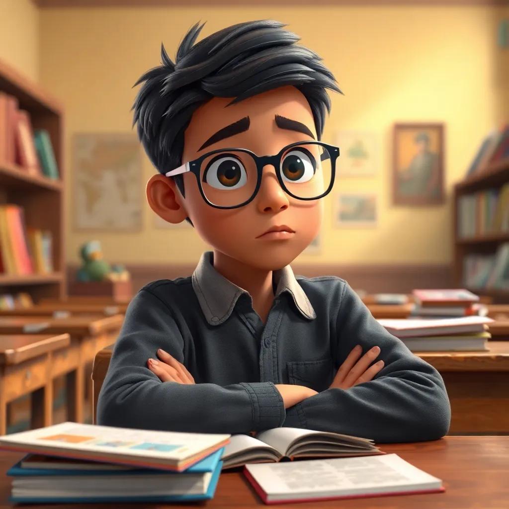 A focused young Arab boy, Ahmad, wearing a school uniform and glasses, sitting at a wooden desk, looking concerned with books scattered around him, a classroom atmosphere, learning environment, warm colors, detailed, engaging perspective, vibrant scene