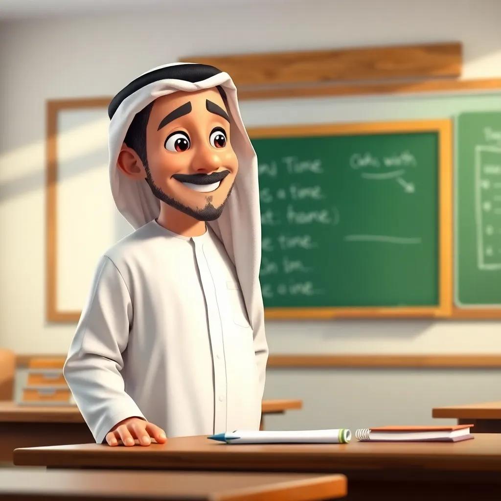 A kind Arab teacher, smiling gently, wearing a traditional thobe, standing next to Ahmad at the desk, giving advice about time management, with chalkboard in the background, bright classroom light, nurturing environment, high quality, inviting scene