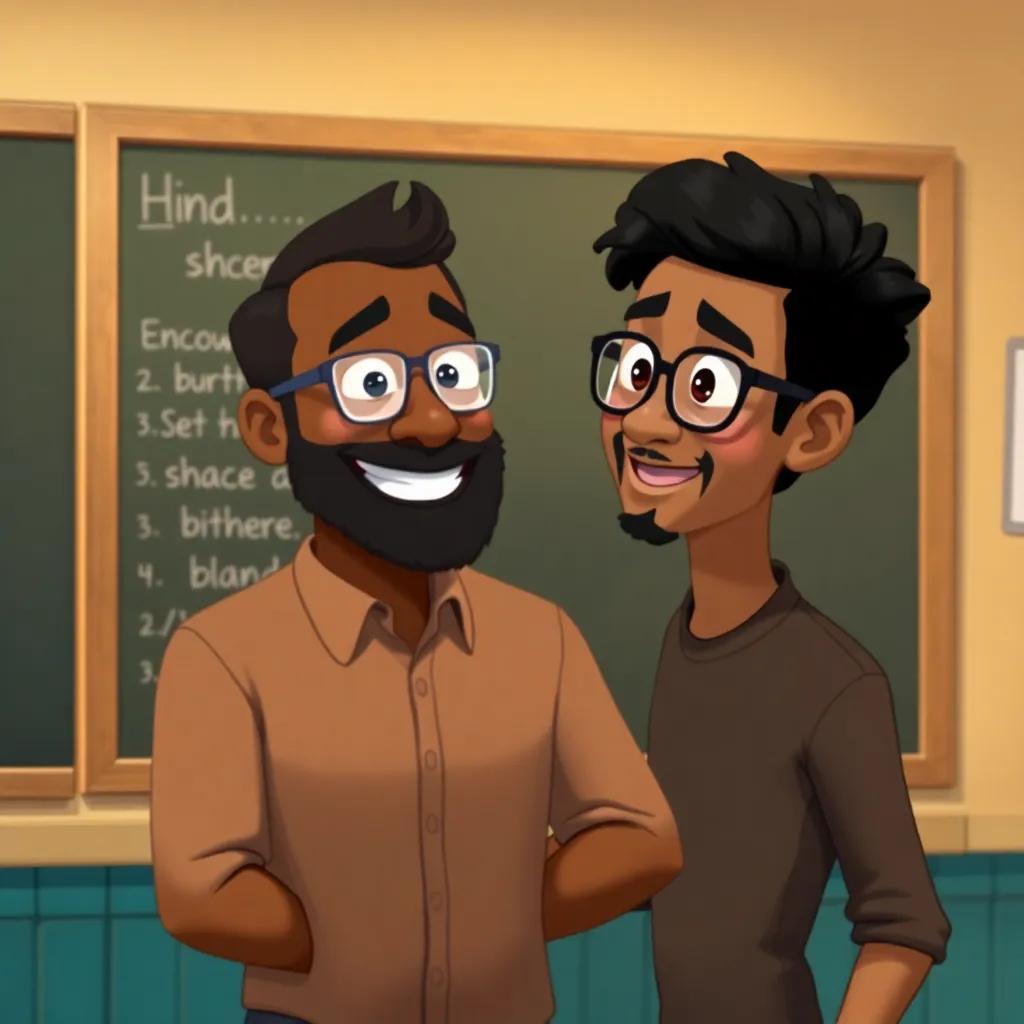 A kind teacher, with medium brown skin and a beard, wearing glasses and a brown shirt, smiling at Ahmed while standing by a blackboard, encouraging atmosphere, warm colors, friendly environment, digital painting, heartwarming