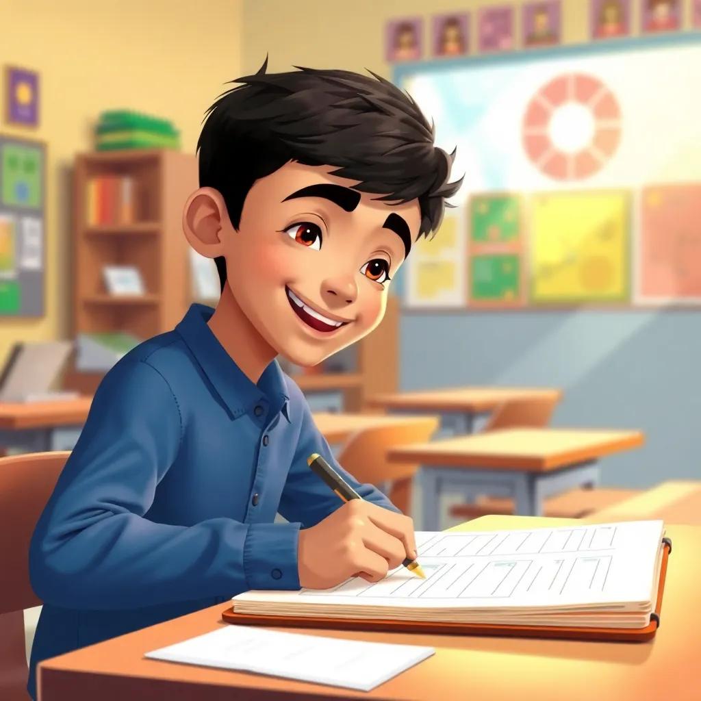 Ahmed, the young Arab boy with short black hair, writing on a plan in his notebook at his desk, feeling accomplished and relieved, colorful classroom, vibrant light, inspiration theme, detailed digital art, joyful