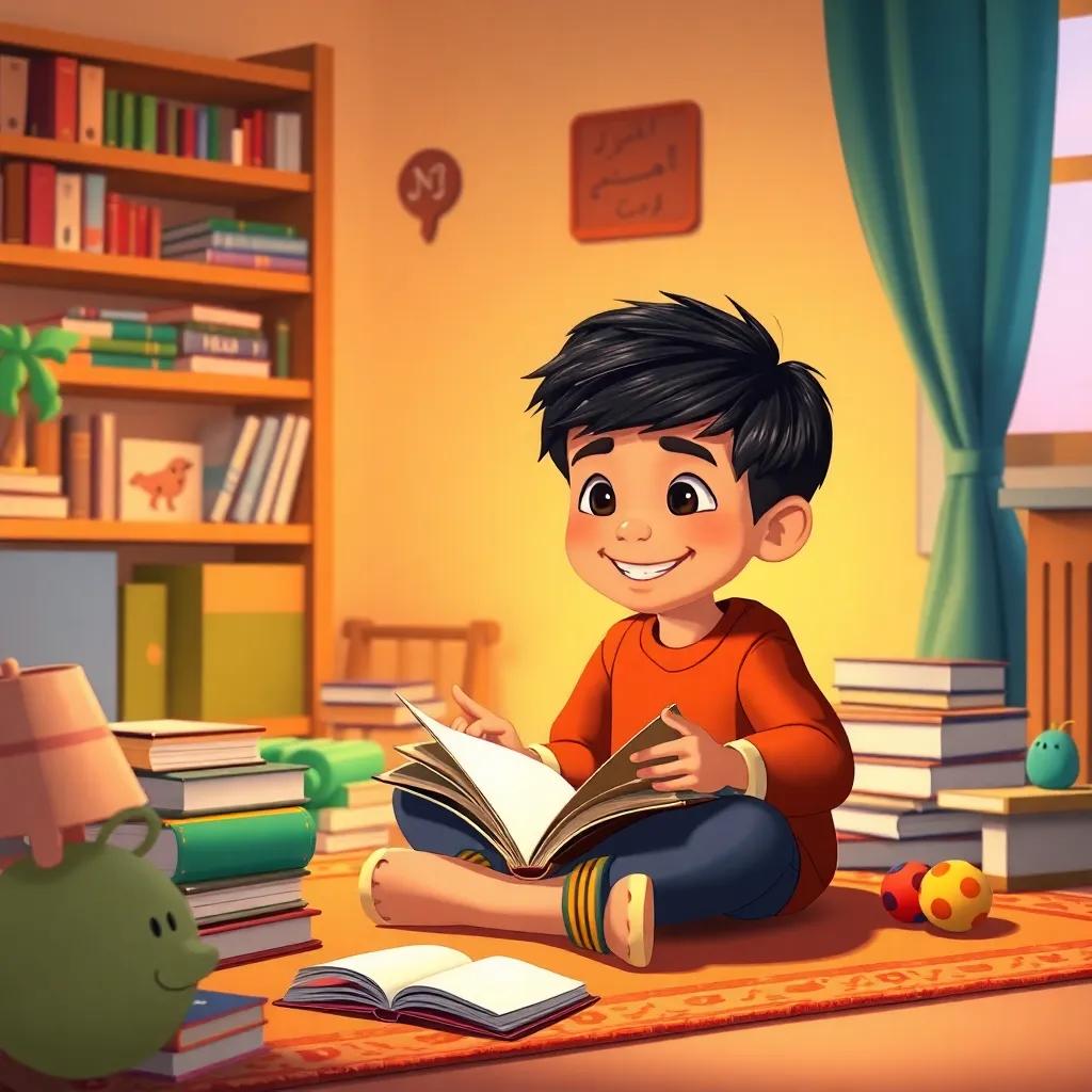 Ahmed, the young Arab boy with short black hair, studying at home with a big smile, sitting on a rug with a book open, surrounded by toys and books, cozy atmosphere, warm and inviting, illustrated scene, colorful