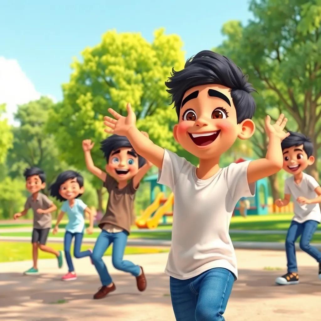 Ahmed, the young Arab boy, playing joyfully with his friends in a park, wearing a casual t-shirt and jeans, trees and playground in the background, happy expressions, bright sunny day, cheerful colors, digital illustration, joyful scene