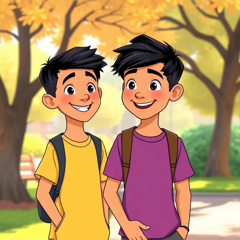 Ahmed, the young Arab boy with short black hair, chatting excitedly with his friend in the park, discussing their day with smiles, classmate with a bright t-shirt, playful background, inviting colors, delightful atmosphere, illustrated scene