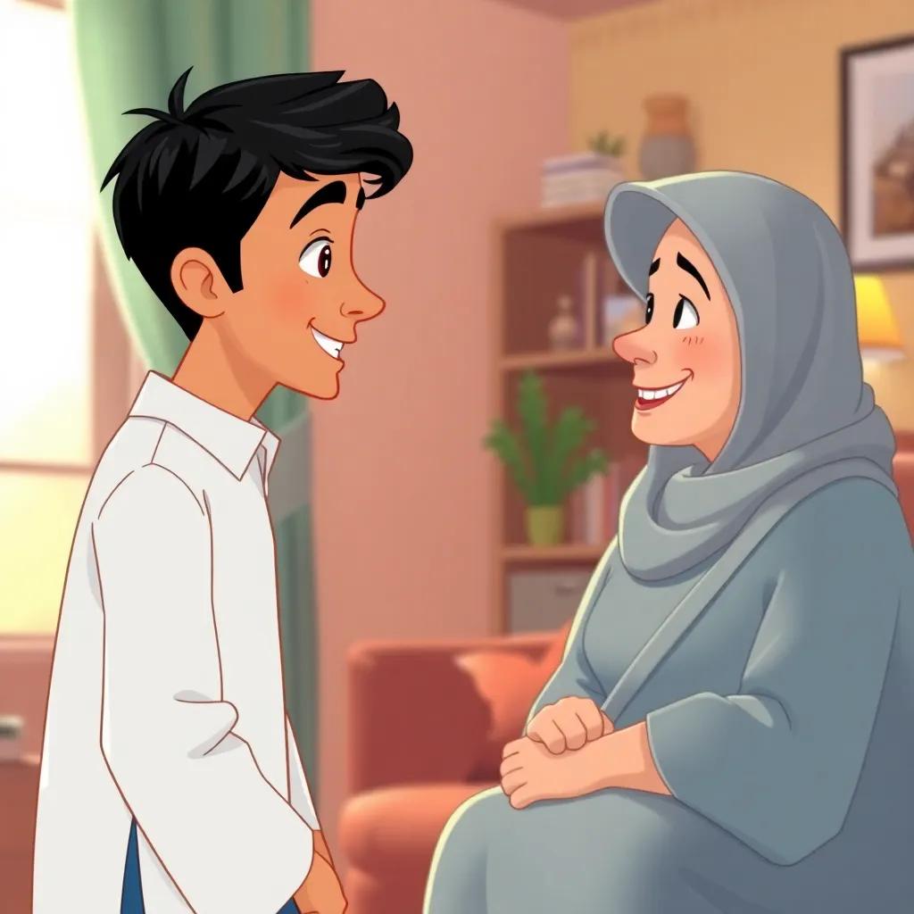 Ahmed, the young Arab boy with short black hair, talking to his mother with a happy expression in their cozy living room, light coming through the window, warm interaction, comfortable setting, heartwarming, digital illustration, engaging scene