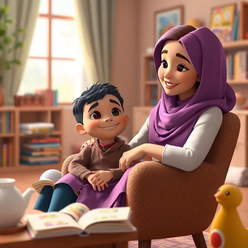 Ahmed, the young Arab boy, sitting in a chair with a big smile, his mother with soft features listening attentively, the room filled with books and toys, loving atmosphere, cozy colors, heartwarming digital art, positive interaction