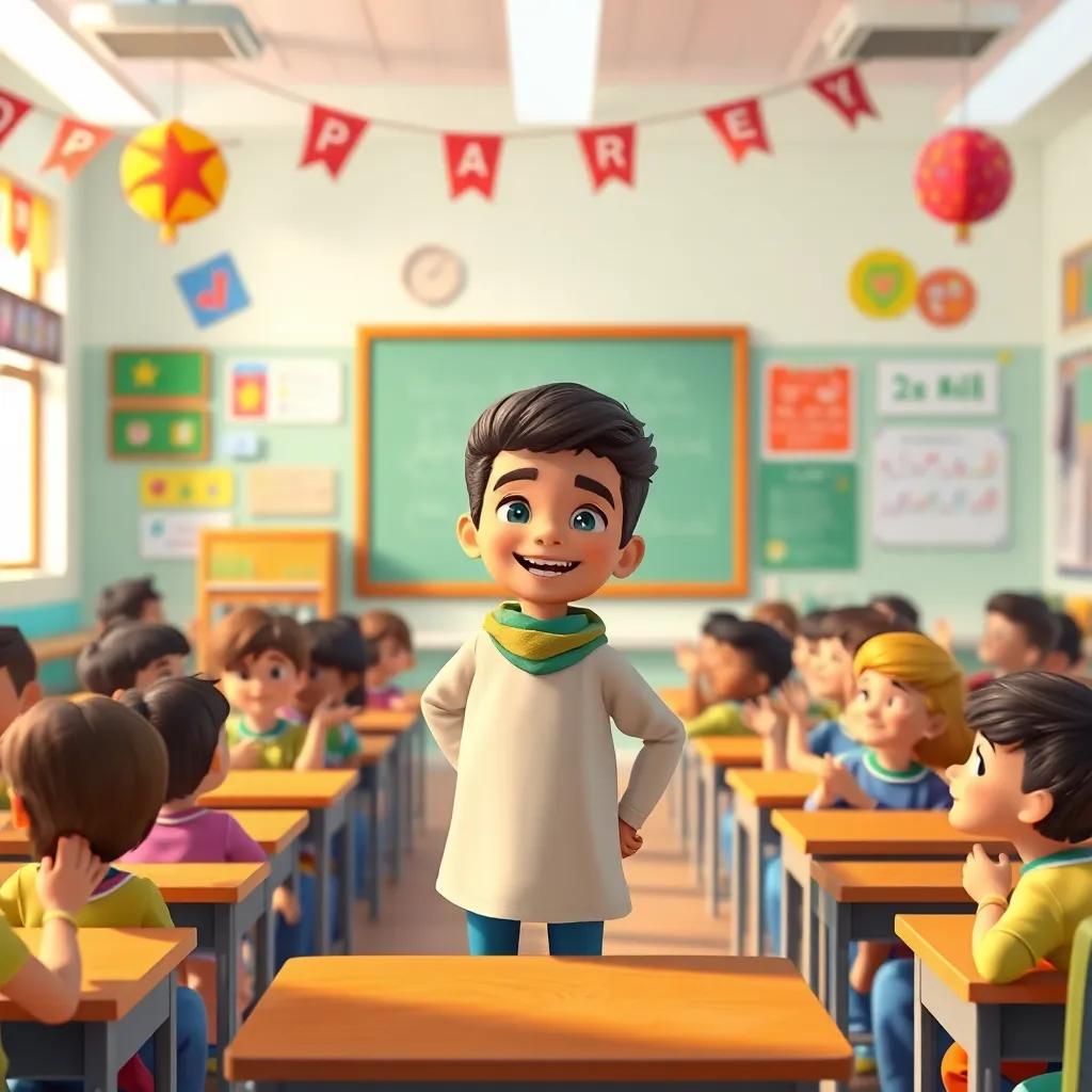 The young Arab boy, Ahmed, standing proudly in front of his class with his teacher smiling beside him, classroom filled with students applauding, bright and cheerful environment, colorful decorations, engaging atmosphere, uplifting digital illustration