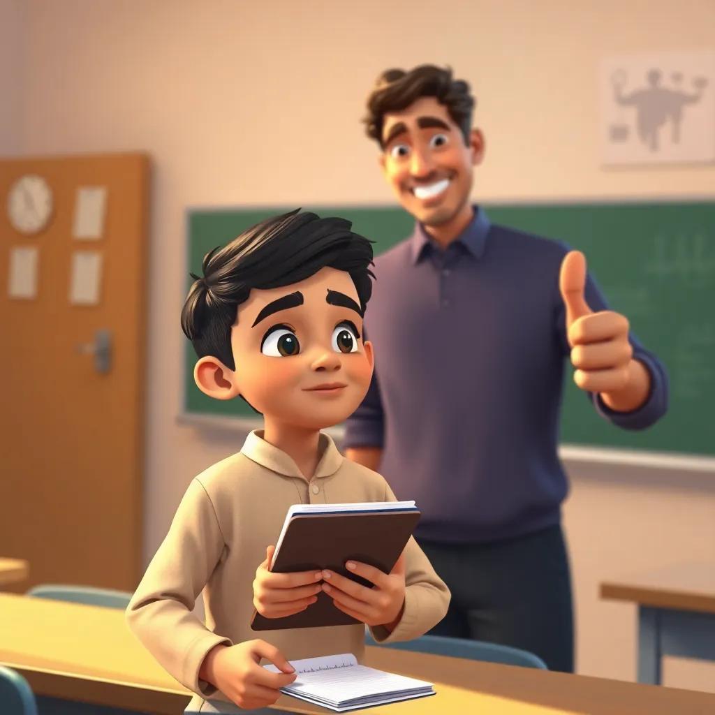 Ahmed, the young Arab boy, with a thoughtful expression and a notebook in his hand, standing in front of his teacher who is smiling and giving a thumbs up, classroom background, warm colors, inspirational scene, detailed digital art