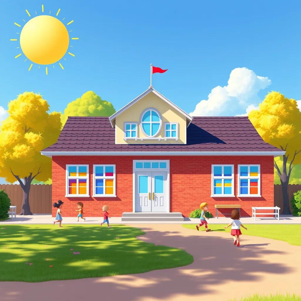 A small school in a bright sunny day, with children playing in the yard, a school building with colorful windows, digital art, cheerful atmosphere, vibrant colors, high quality