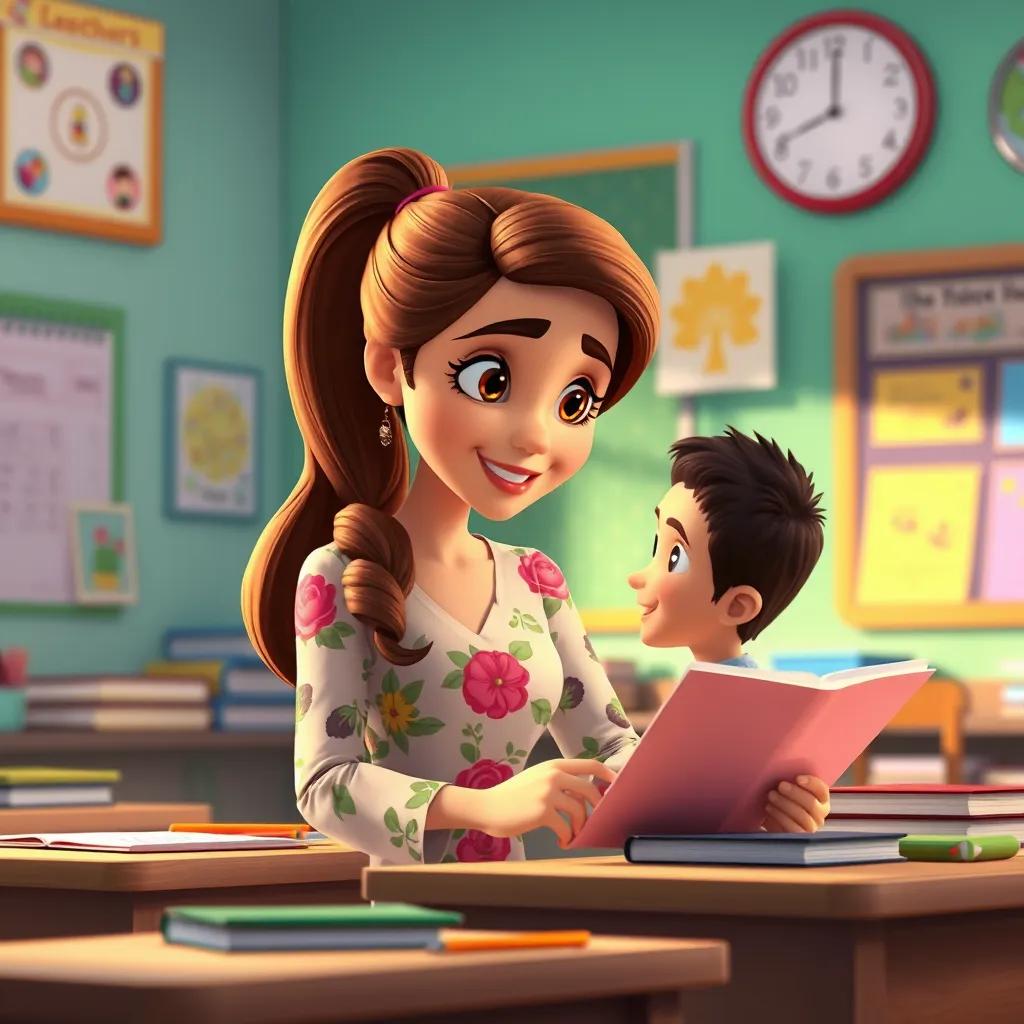 A classroom scene with teacher Fatima, a young Arab woman with brown hair in a ponytail, wearing a floral dress, trying to help Sami, colorful learning materials around, digital art, bright colors, warm light