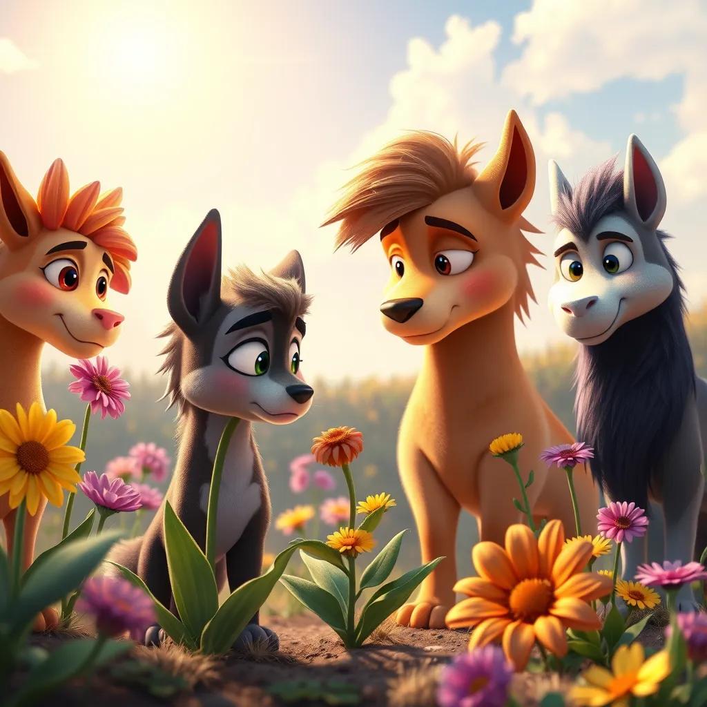 A sad Sami looking at a wilted plant while his friends display their colorful flowers, with a bright sky above them, digital art, heartwarming, vibrant colors