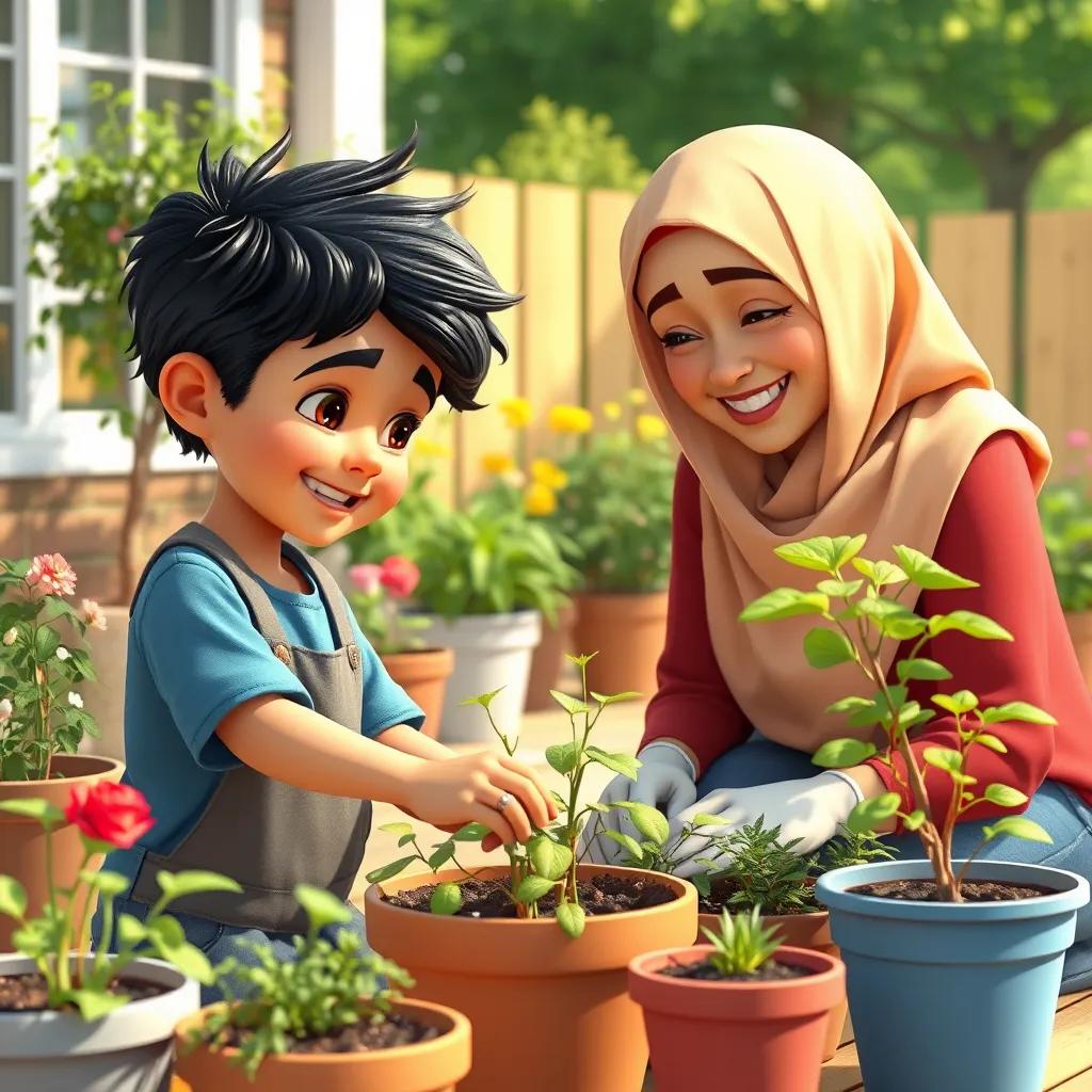 Sami learning gardening techniques from teacher Fatima, both smiling, plant pots around them, a bright sunny day outside, digital art, friendly atmosphere, colorful