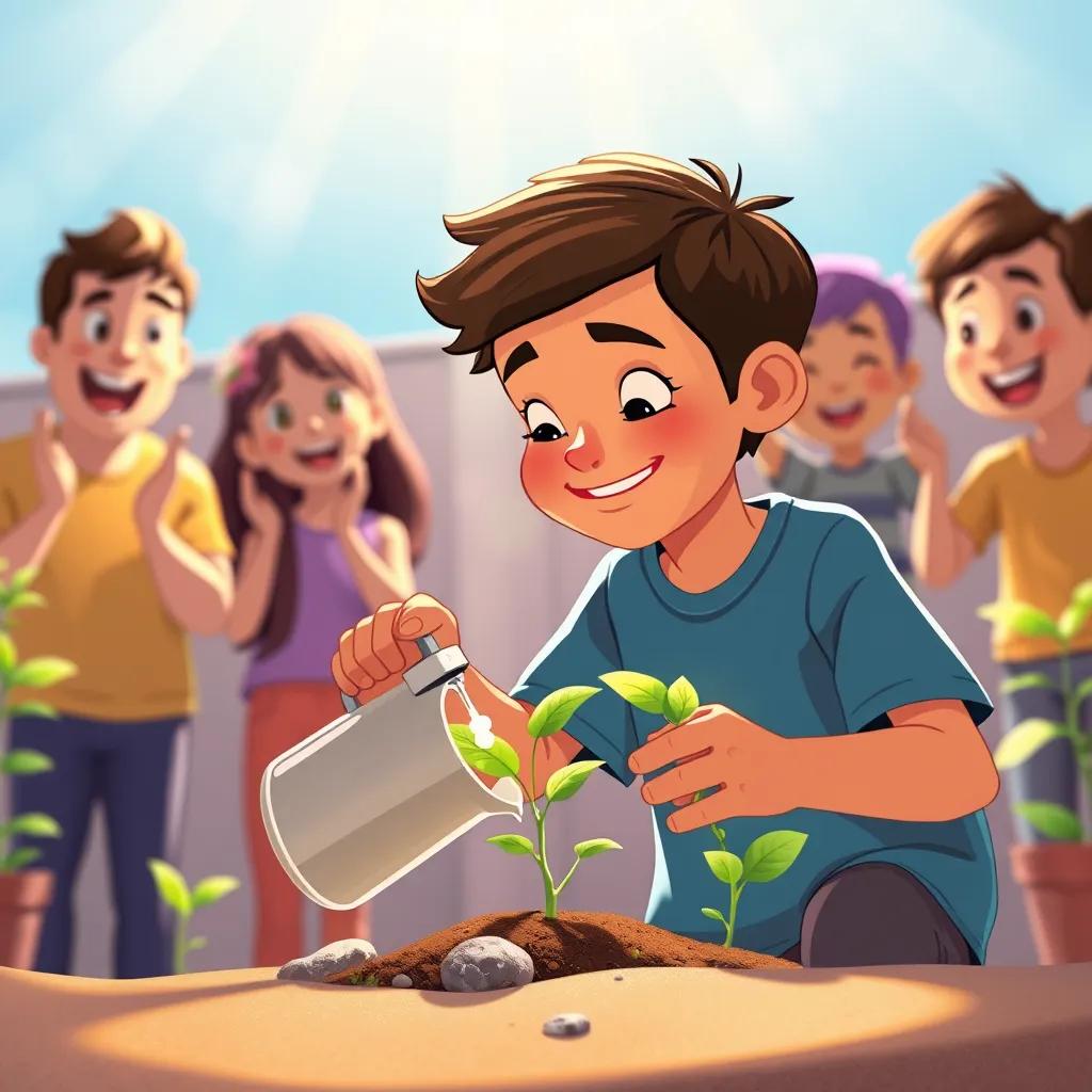 Sami watering his plant carefully, watching it grow, with sunlight shining down, friends cheering him on in the background, child-friendly illustration, uplifting, joyful scene