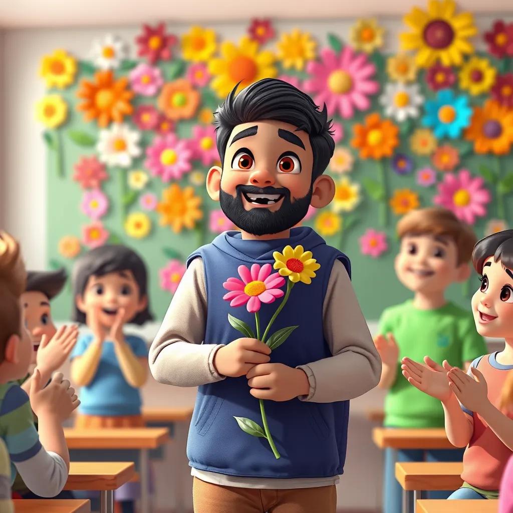 Sami presenting his beautiful flower to the class, classmates clapping with joy, a colorful display of flowers behind him, illustration, exciting atmosphere, bright and cheerful