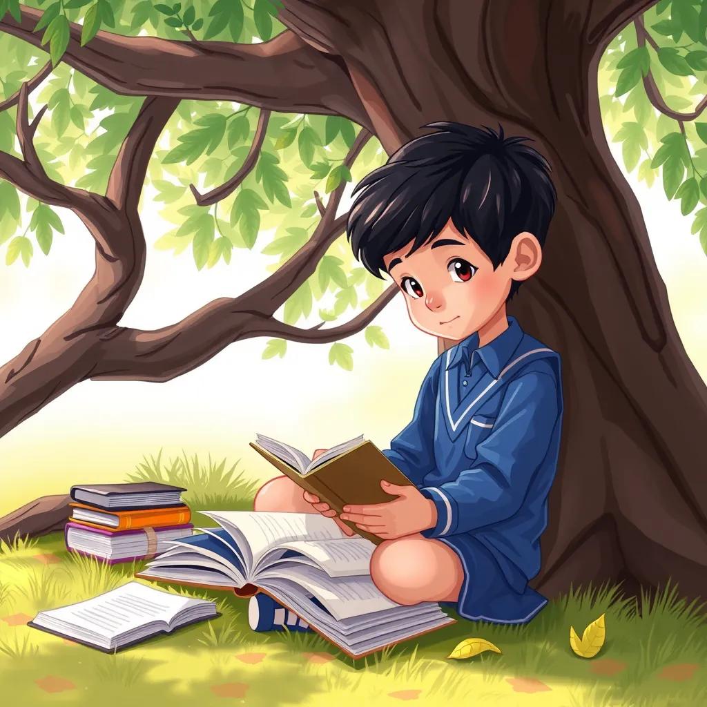 A young boy, Sami, with dark hair, wearing a blue school uniform, sitting under a large tree with books and notes spread around him, studying diligently, digital art, vibrant colors, inviting atmosphere, high quality