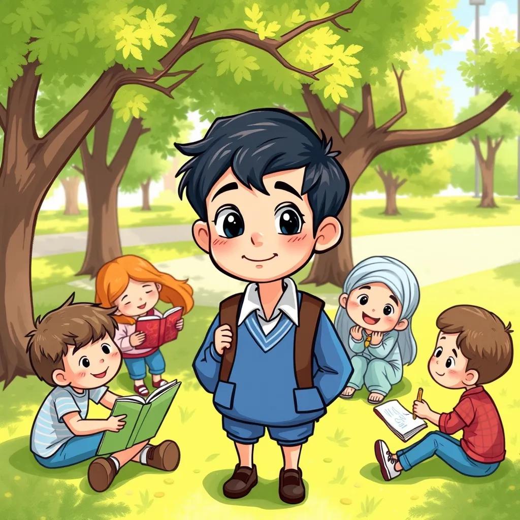 Sami, a young boy with dark hair, wearing a blue school uniform, surrounded by friends who are helping him with his homework, in a sunny park, cheerful mood, colorful illustration, child-friendly