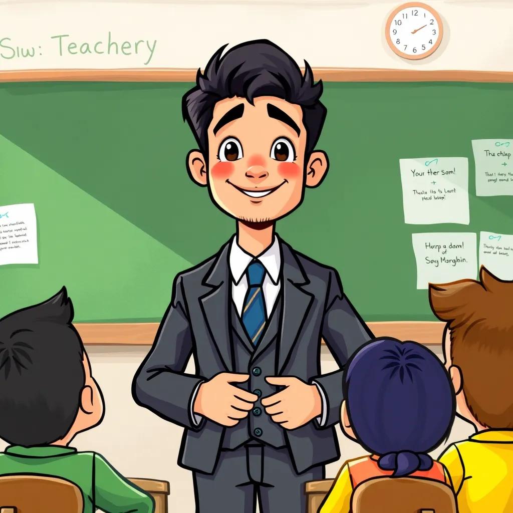 A proud young man, Sami, with dark hair, now wearing a teacher’s suit, standing in front of a blackboard in a classroom, explaining to eager students, bright light, colorful classroom setting, heartwarming scene