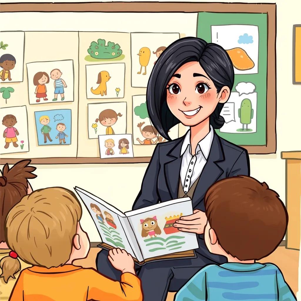 Sami, a young teacher with dark hair, wearing a teacher’s suit, sitting in front of kids, reading a story and showing them pictures, colorful illustrations on the wall, happy expressions, child-friendly
