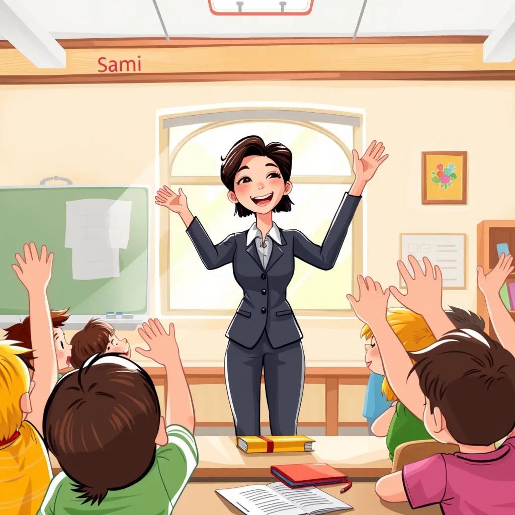 A joyous classroom with Sami, a young teacher with dark hair, wearing a teacher’s suit, interacting with children who are eagerly raising their hands, bright light streaming in from windows, lively learning environment, uplifting atmosphere