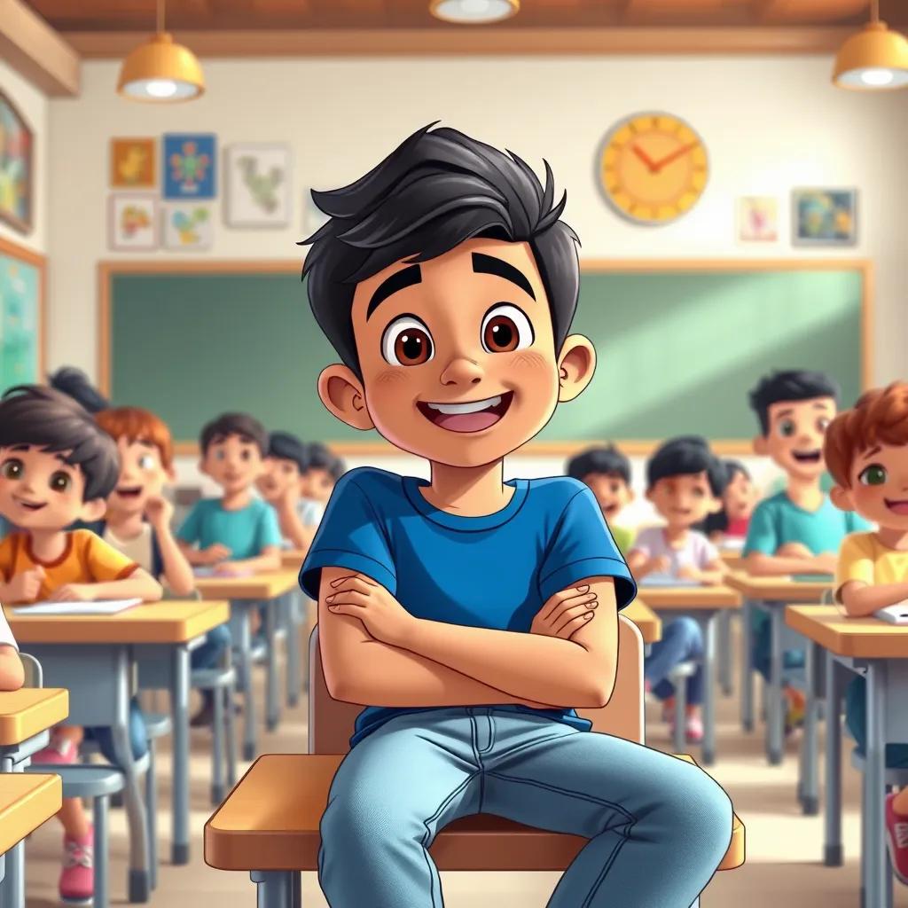 A young Arab boy, Sami, with short black hair wearing a blue t-shirt and jeans, sitting in a classroom filled with laughter and joy, detailed cartoon style, vibrant colors, playful atmosphere, cheerful perspective, high quality