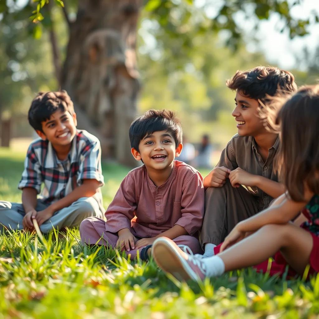 Sami, a young Arab boy with short black hair, sitting on the grass with friends, all laughing after his fall from the tree, vibrant colors, warm light, playful friendship scene, high quality